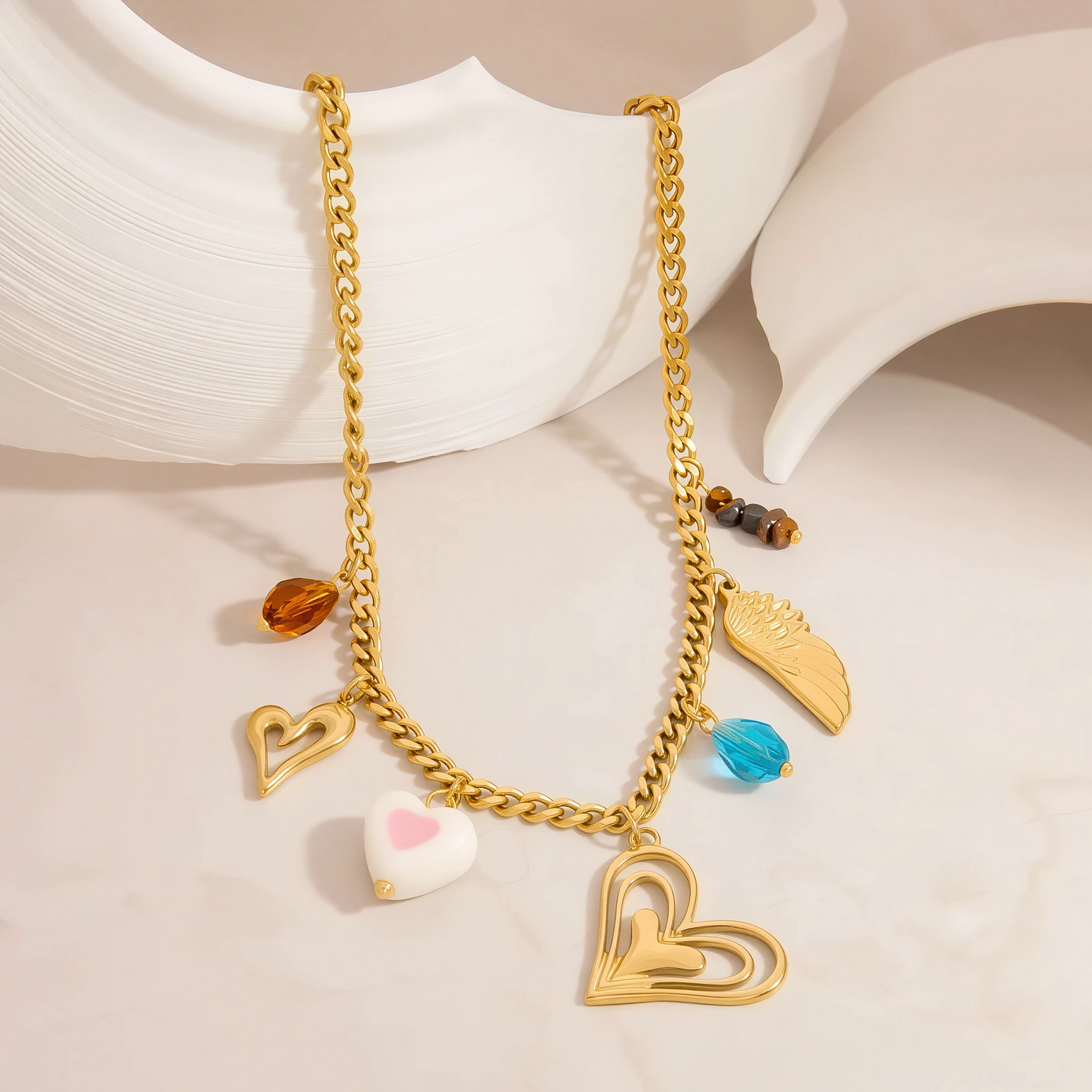 Honey glass heart layered necklace, gold plated