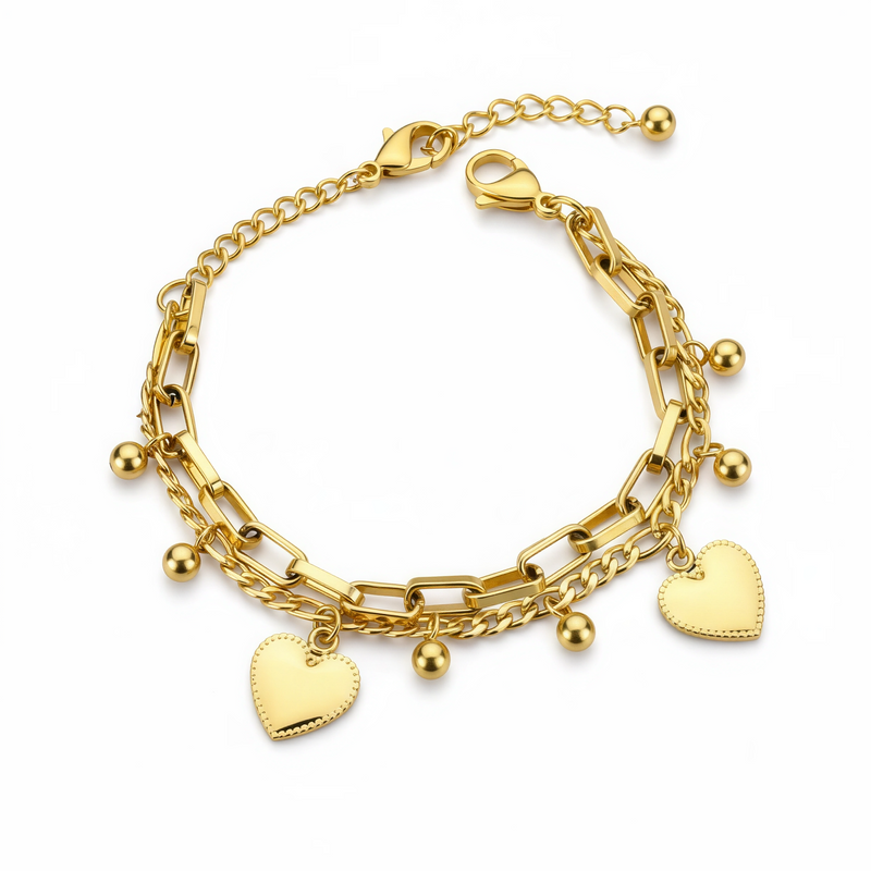 Layered Heart and Bead Charm Bracelet