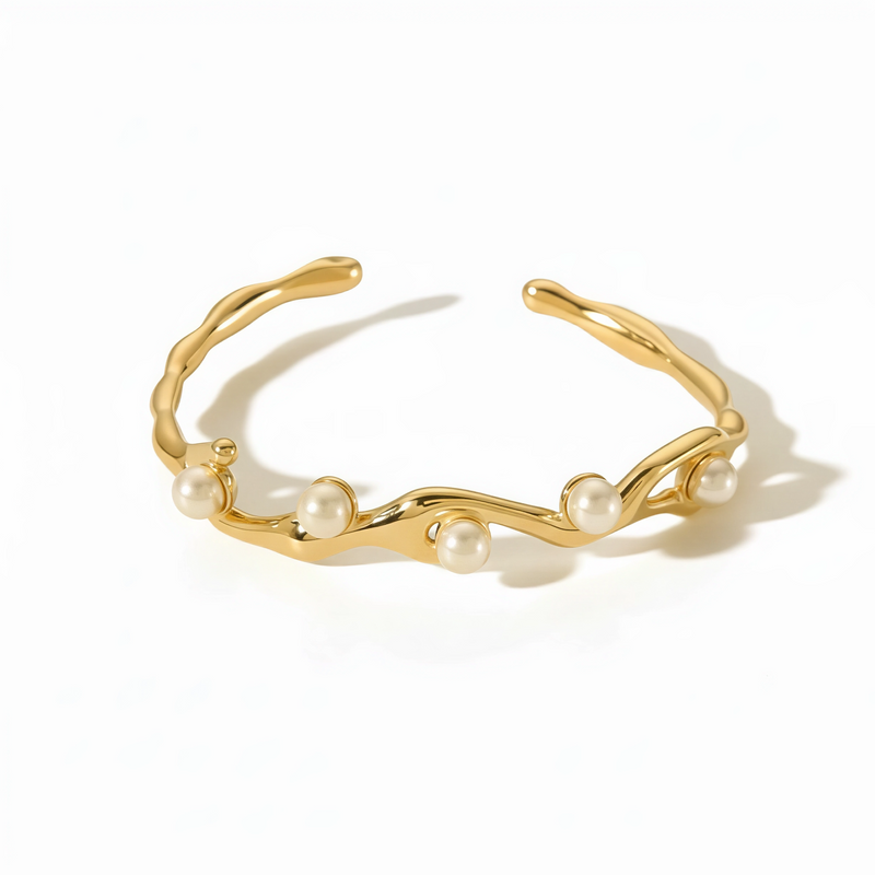 Wavy Pearl Accented Open Cuff Bangle