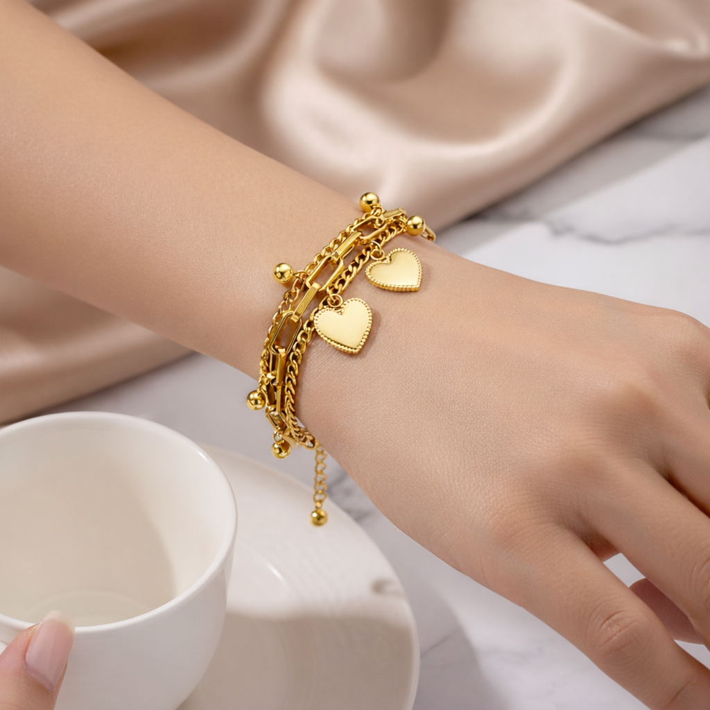 Layered Heart and Bead Charm Bracelet