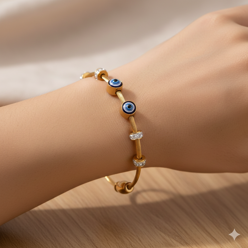 Blue Evil Eye Beaded Gold Bracelet