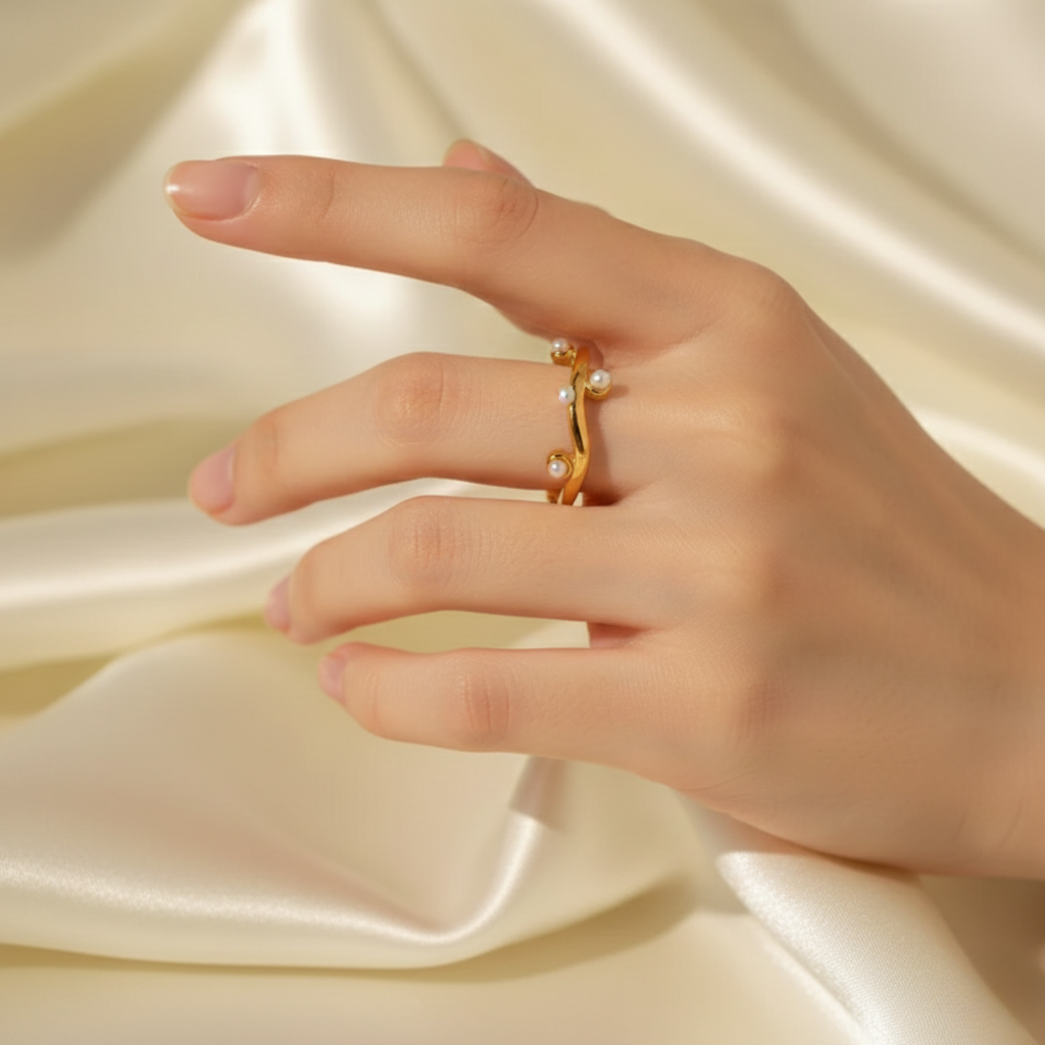 Wavy Pearl Accented Stacking Ring