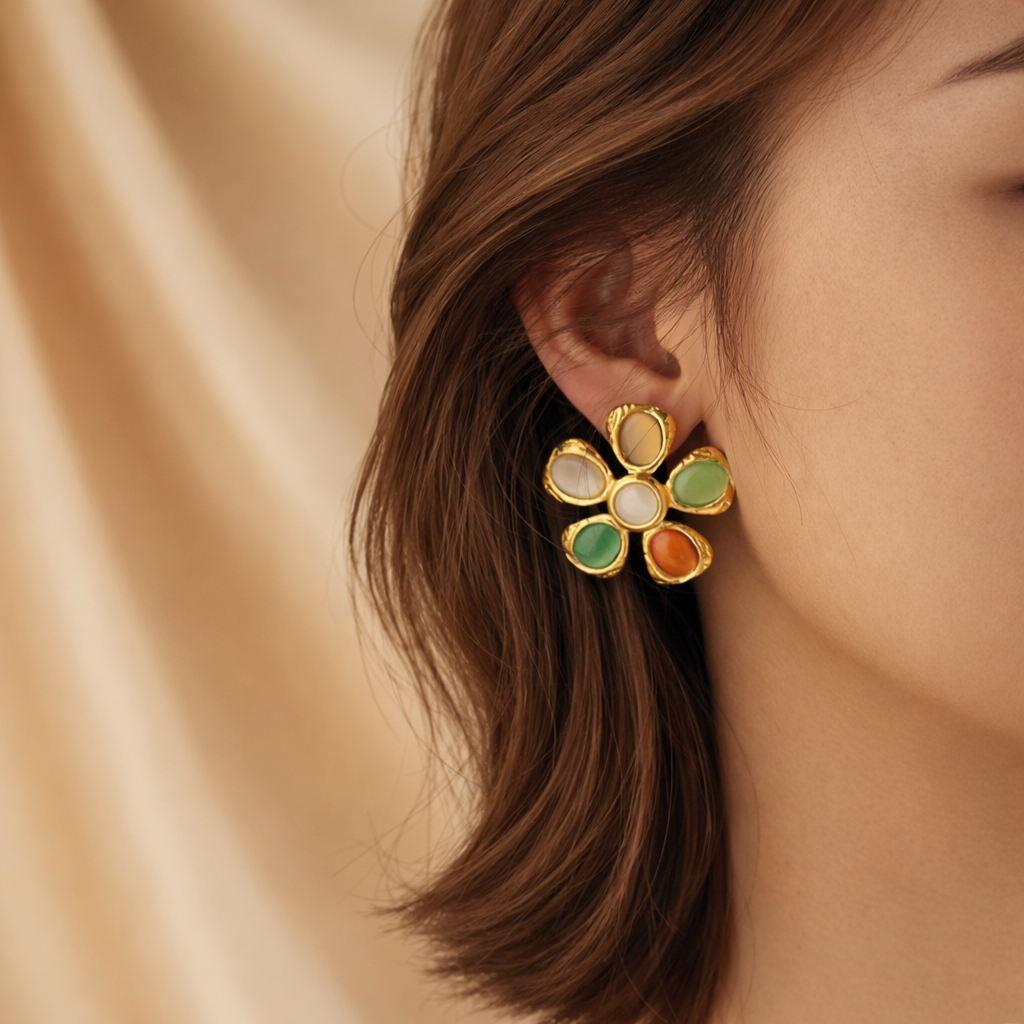Multi-Stone Clover Flower Stud Earrings