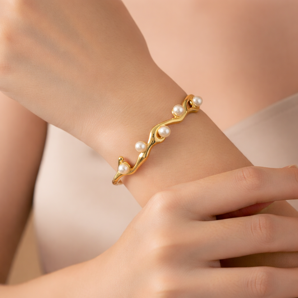 Wavy Pearl Accented Open Cuff Bangle
